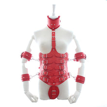 Load image into Gallery viewer, SM Lock Down PU Leather Waist Cincher Underbust Corset with Attached Collar and Arm Restraint Fetish Costume Sex Toys For Women