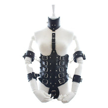 Load image into Gallery viewer, SM Lock Down PU Leather Waist Cincher Underbust Corset with Attached Collar and Arm Restraint Fetish Costume Sex Toys For Women
