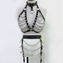 Load image into Gallery viewer, Punk Black Pu Women Garters Hollow Out Metal Rivet Backless Bra Harness Link Chain Tassel Sexy Ladies Party Body Bondage 2020
